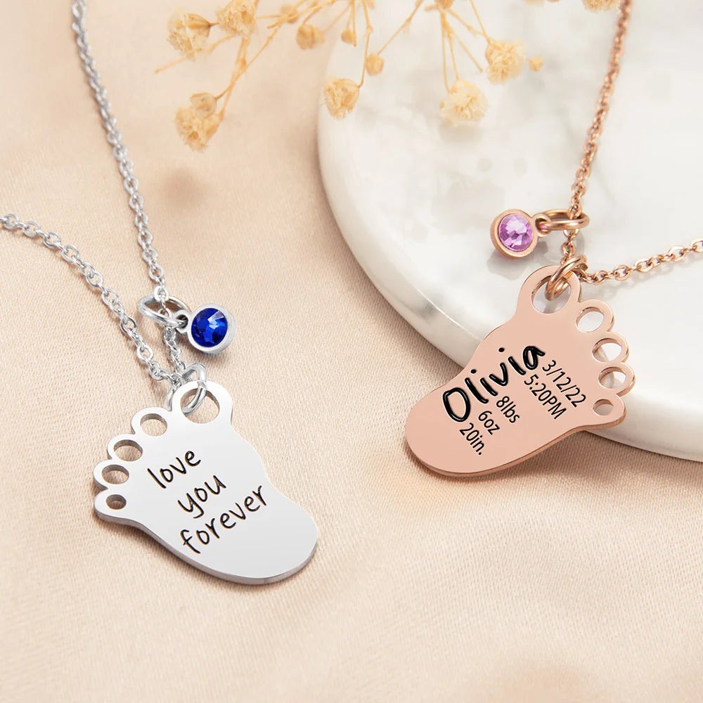 Personalized Engraved Baby Foot Pendant Necklace with Birth Announcement and Birthstone Birthday Baby Shower Gift for Kid New Mom