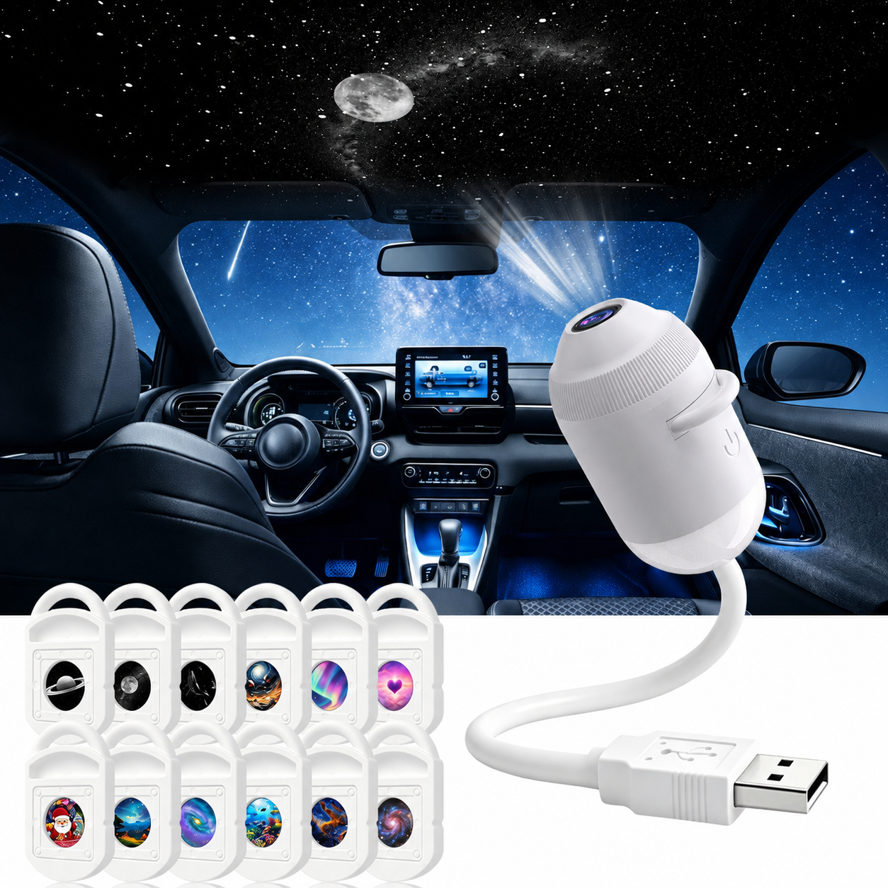 Galaxy Projector Night Light – USB Starry Sky Ambient Lamp for Car & Bedroom