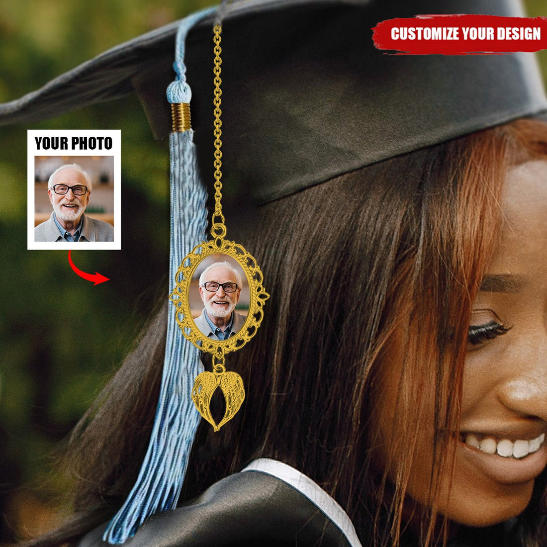 Breloque photo personnalisée pour pompon de remise de diplôme avec ailes d'ange