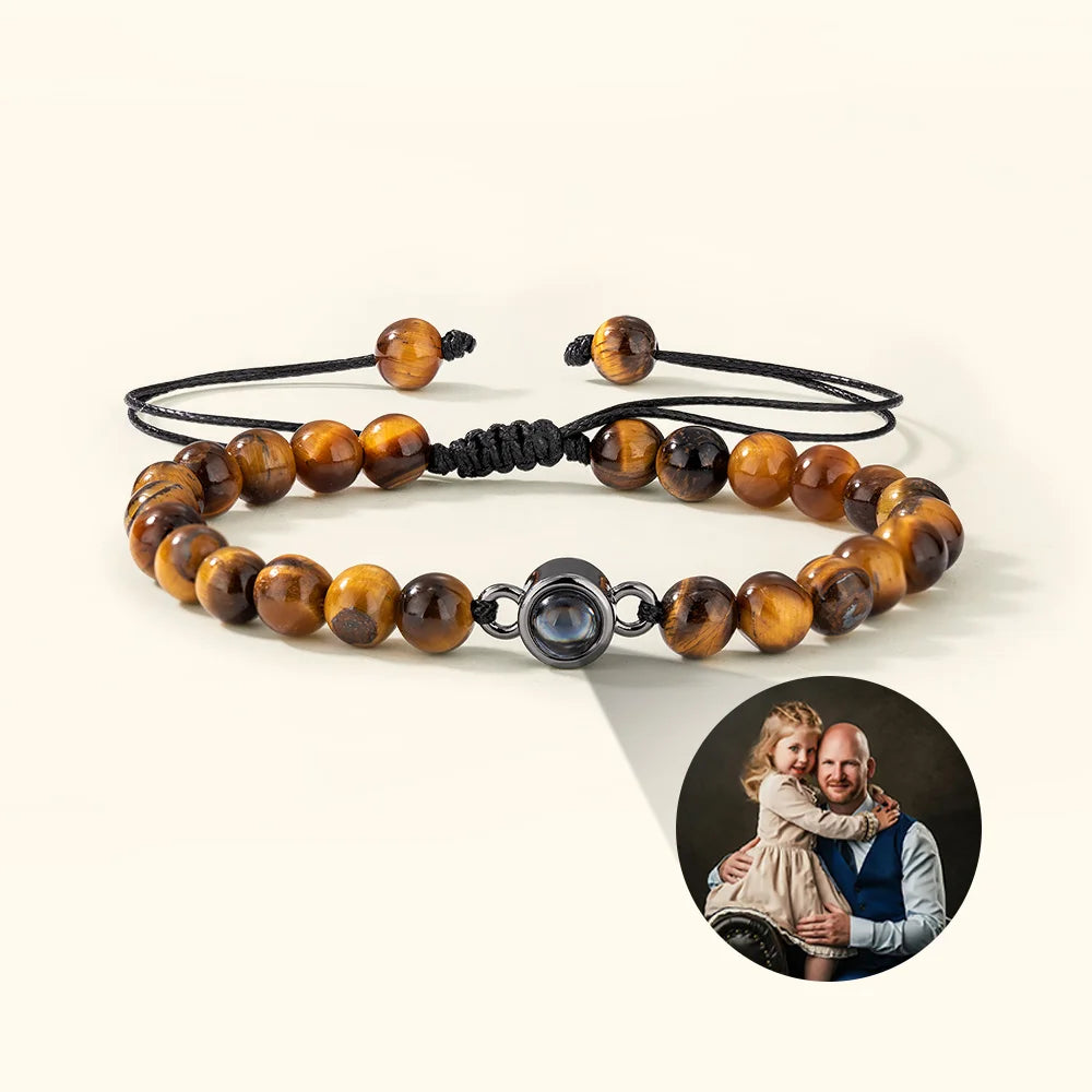 Custom Photo Projection Tiger Eye Bracelet with Black Gallstone Beads