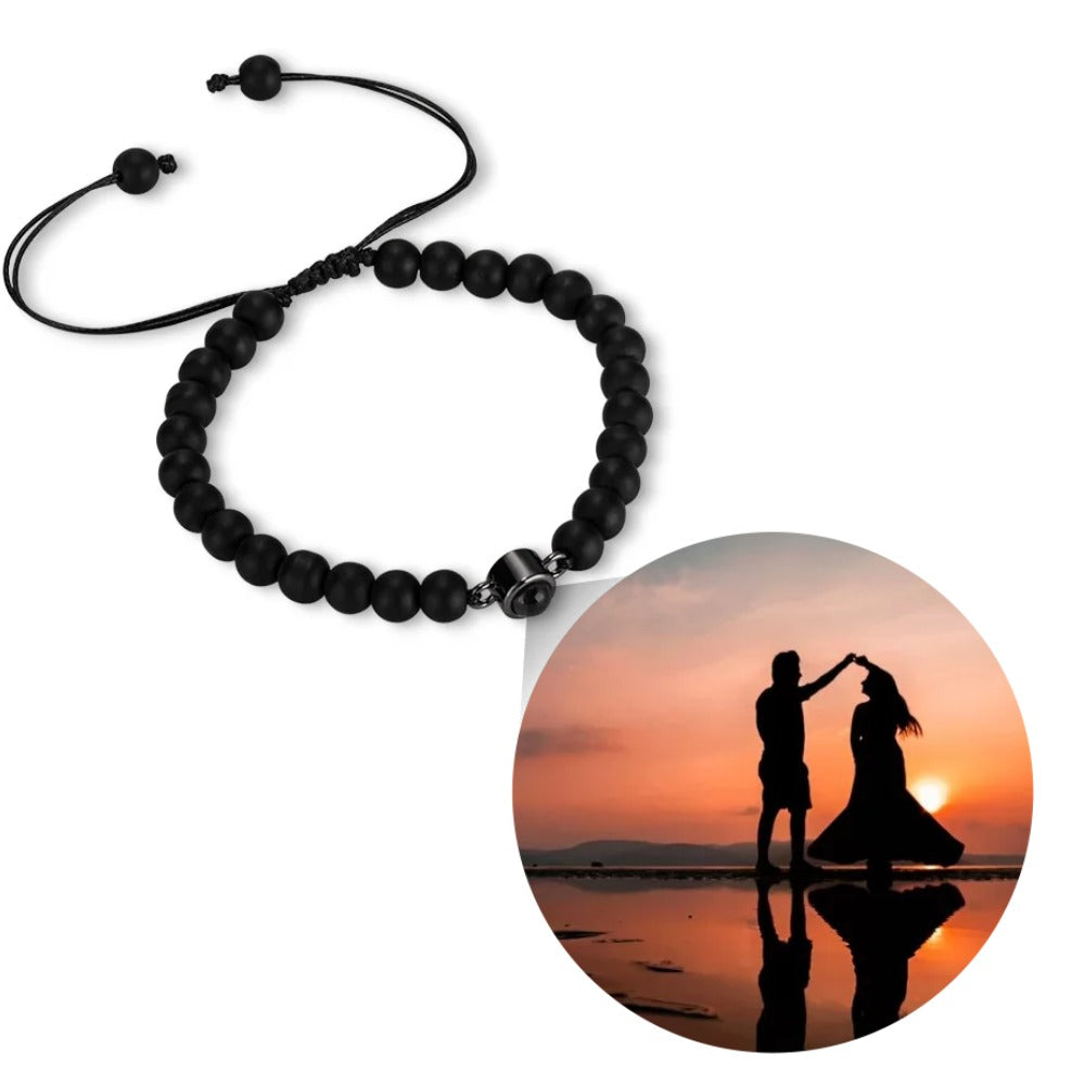 Custom Photo Projection Tiger Eye Bracelet with Black Gallstone Beads