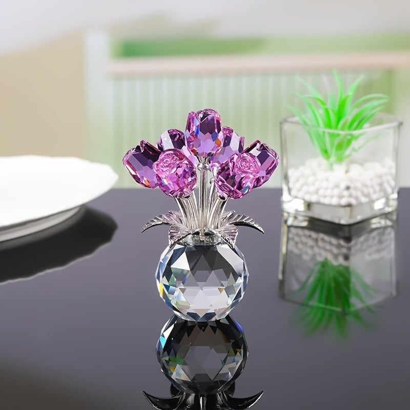 Crystal Colorful Rose Flower Collectible Figurine with Vase