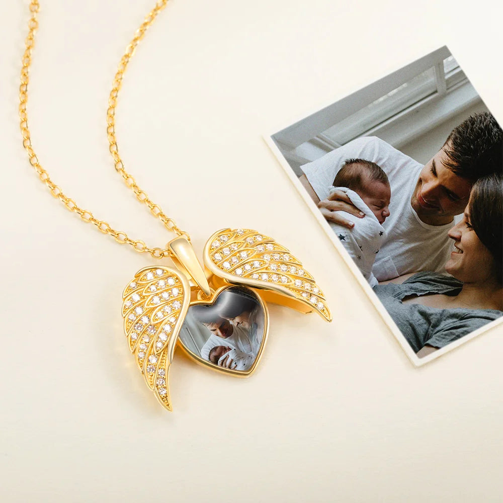 Personalized Cubic Zircon Sterling Silver Heart Shape Angel Wing Photo Locket Necklace