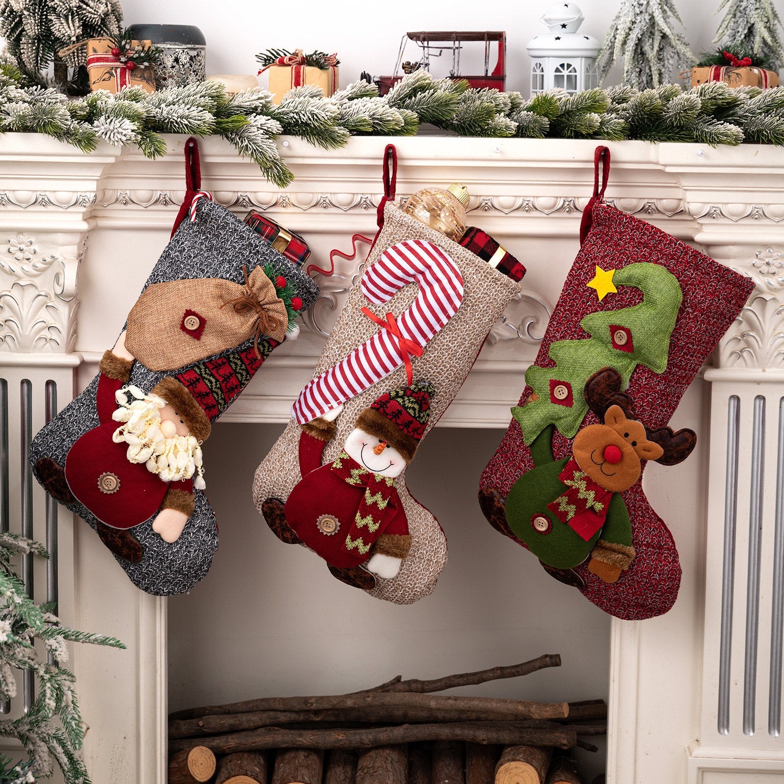 Christmas Stocking with Santa, Snowman and Reindeer