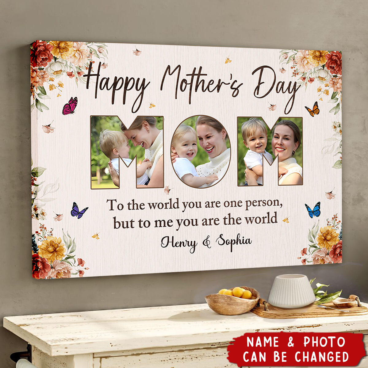 Affiche / Toile photo personnalisée « Joyeuse Fête des Mères » - Cadeaux personnalisés pour Maman ou Épouse