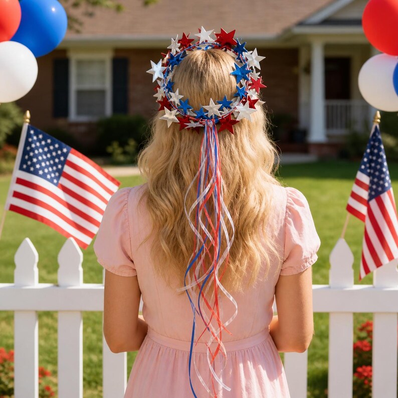 Sparkling Americana Star Crown with Flowing Ribbons 🇺🇸✨