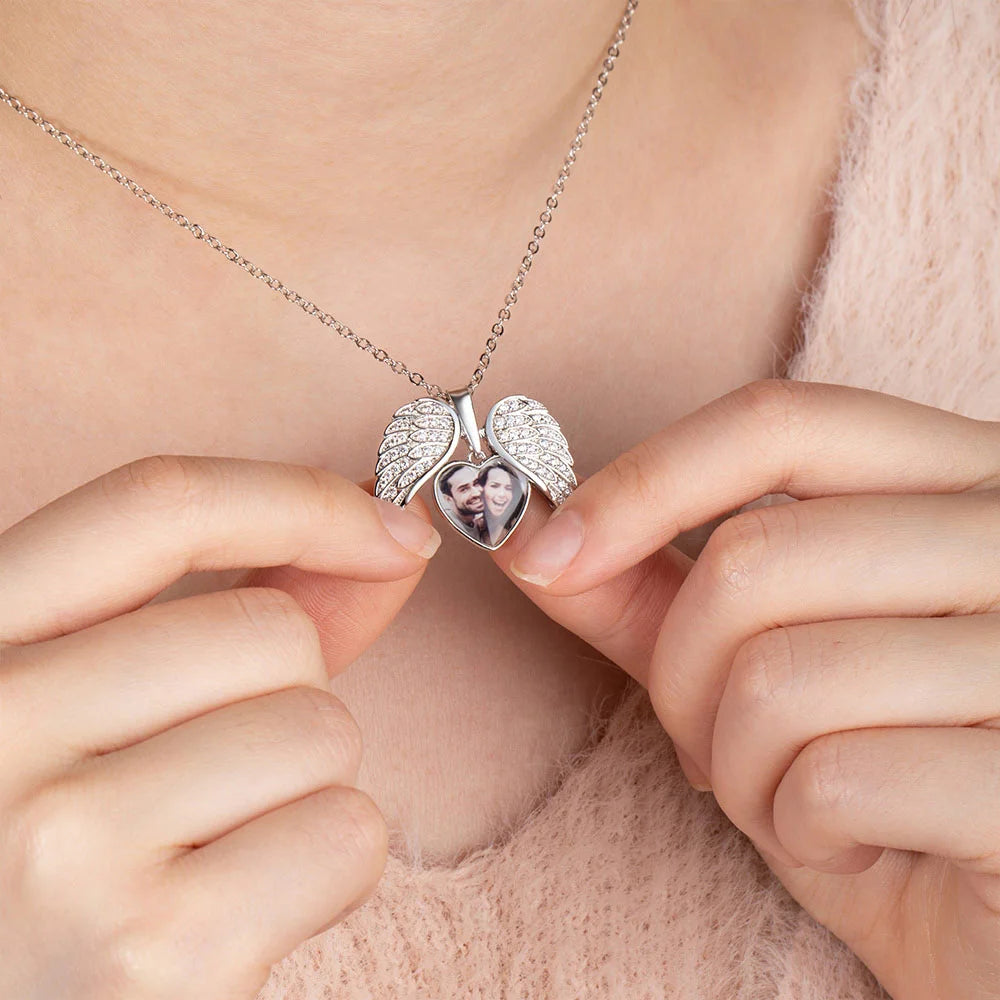 Personalized Cubic Zircon Sterling Silver Heart Shape Angel Wing Photo Locket Necklace