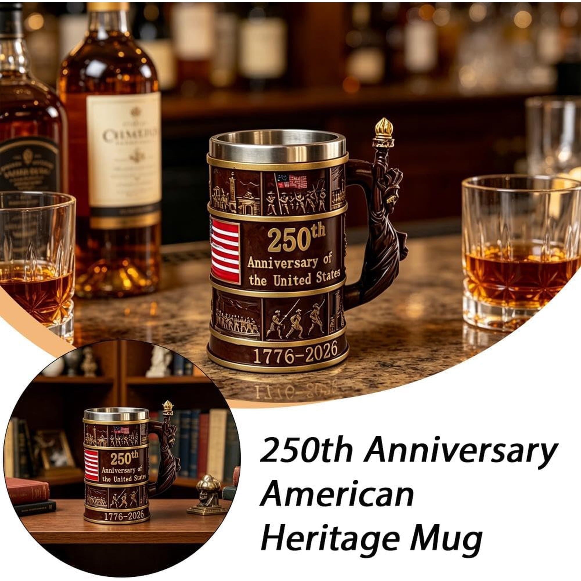 250th Anniversary 3D American Flag Mug, Double Wall Resin & Stainless Steel