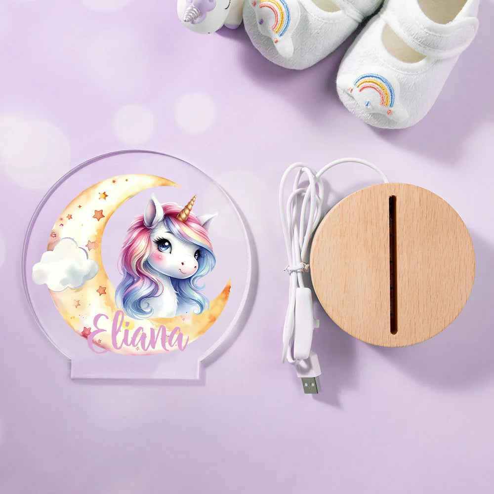 Personalized Fantasy Unicorn Dreamy Moon LED Night Light with Wooden Base and Name