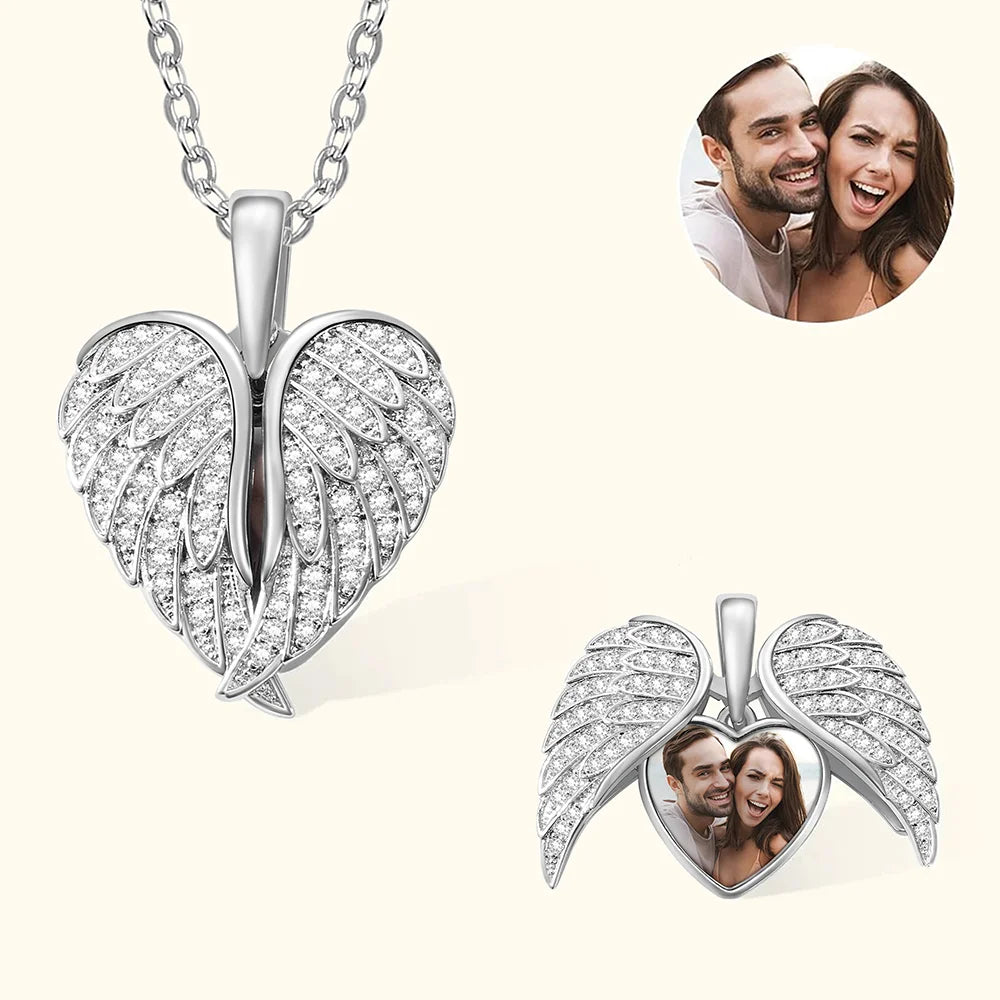 Personalized Cubic Zircon Sterling Silver Heart Shape Angel Wing Photo Locket Necklace