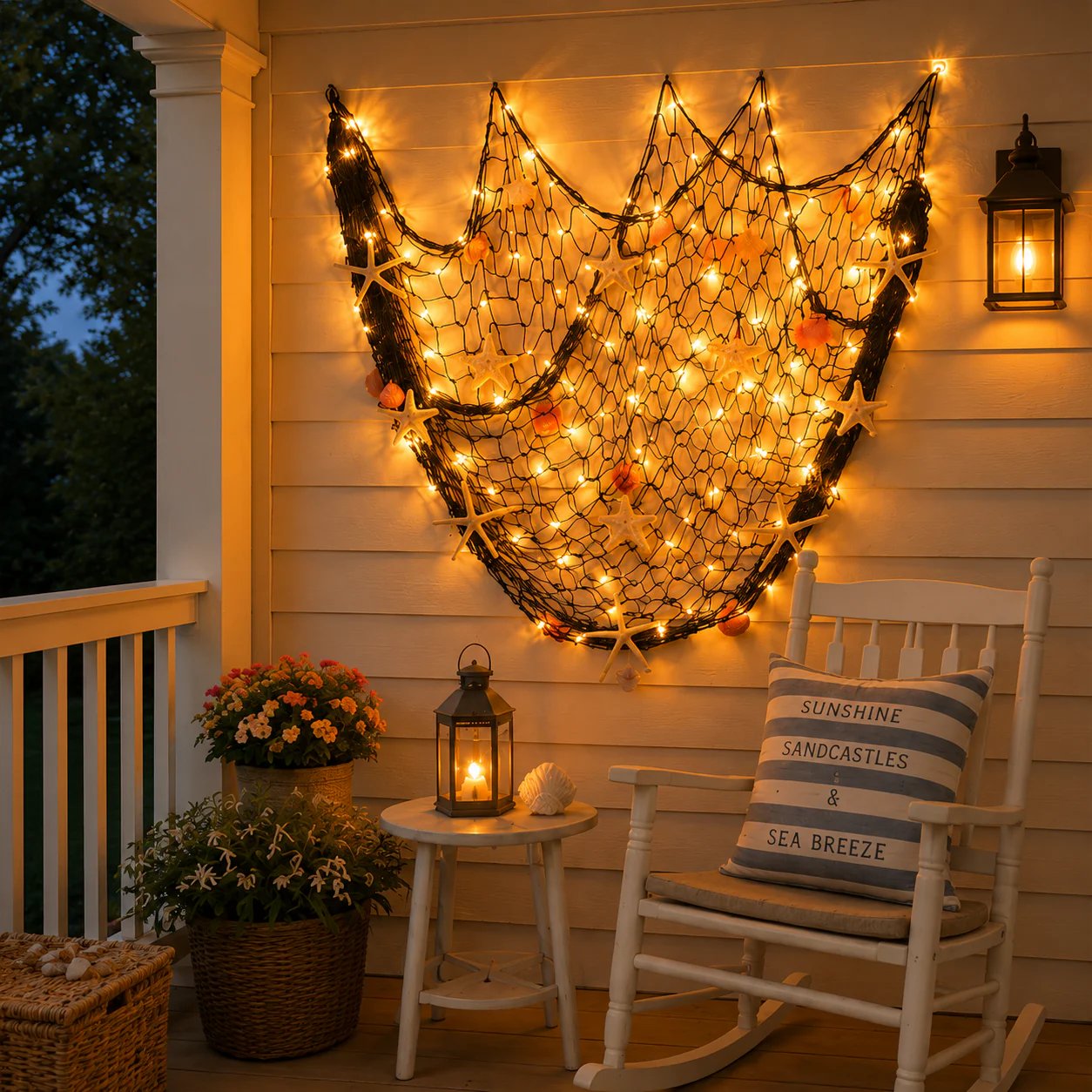 Coastal Fishing Net Wall Hanging with Fairy Lights