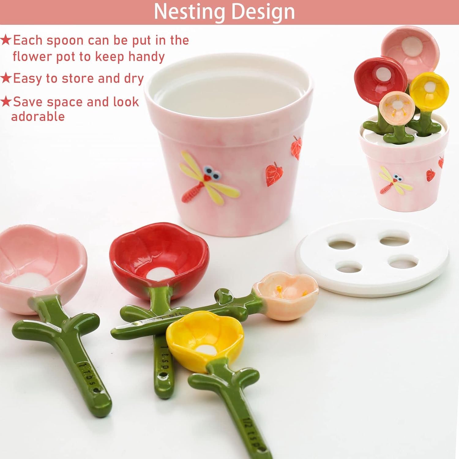 Flower Measuring Spoons in Ceramic Pot – Cute 4-Piece Baking & Cooking Set