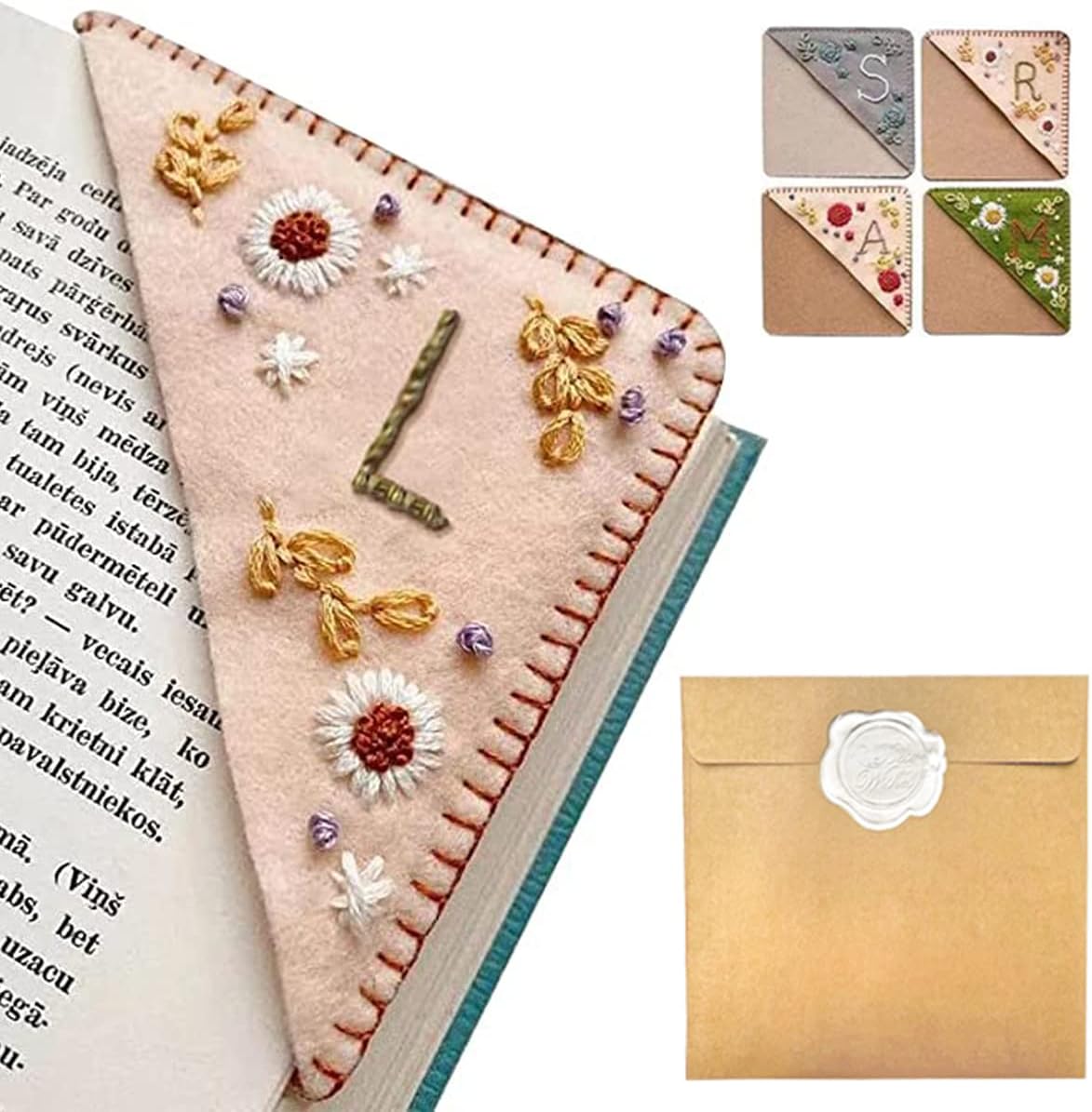 Personalized Hand Embroidered Corner Bookmark – Custom Initial Felt Bookmark for Book Lovers