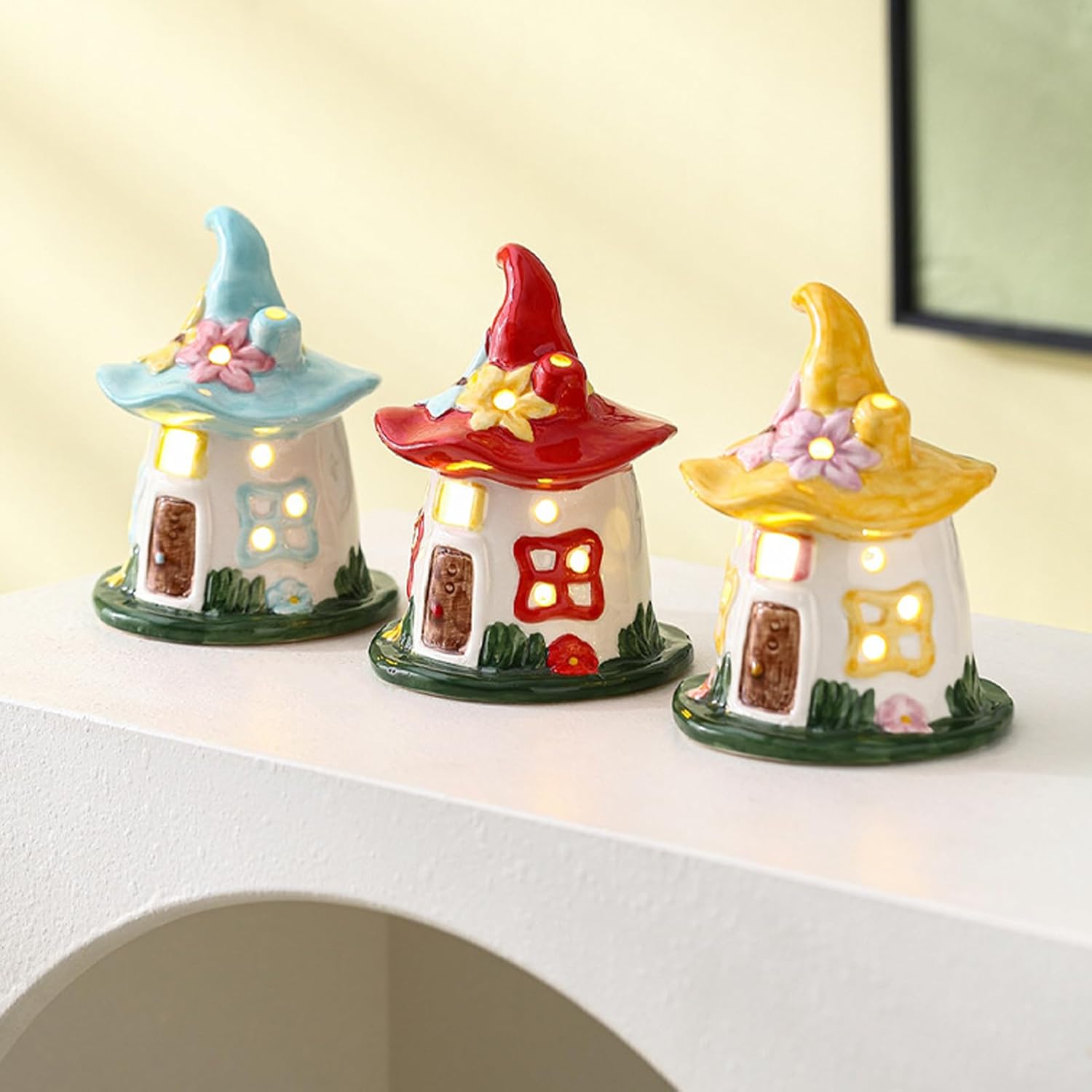 Lighted Ceramic Spring Hat House – LED Fairy House Tabletop Decoration