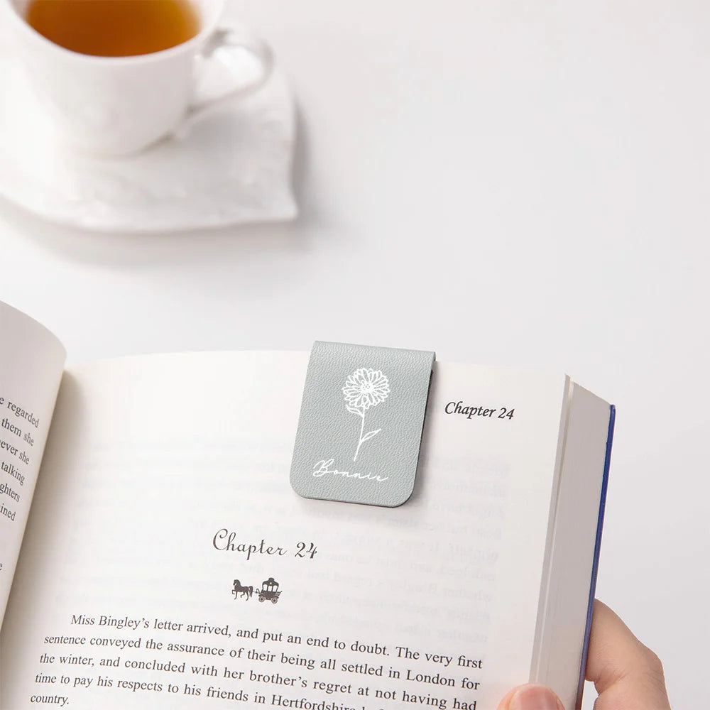 Personalized Birth Flower Leather Magnetic Bookmark with Name