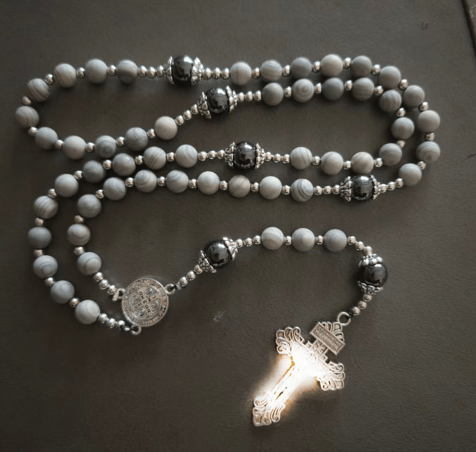 Healing Crystal Yooperlite Fire Stone Rosary Necklace