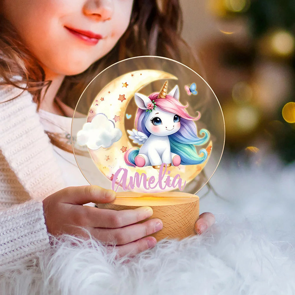 Personalized Fantasy Unicorn Dreamy Moon LED Night Light with Wooden Base and Name