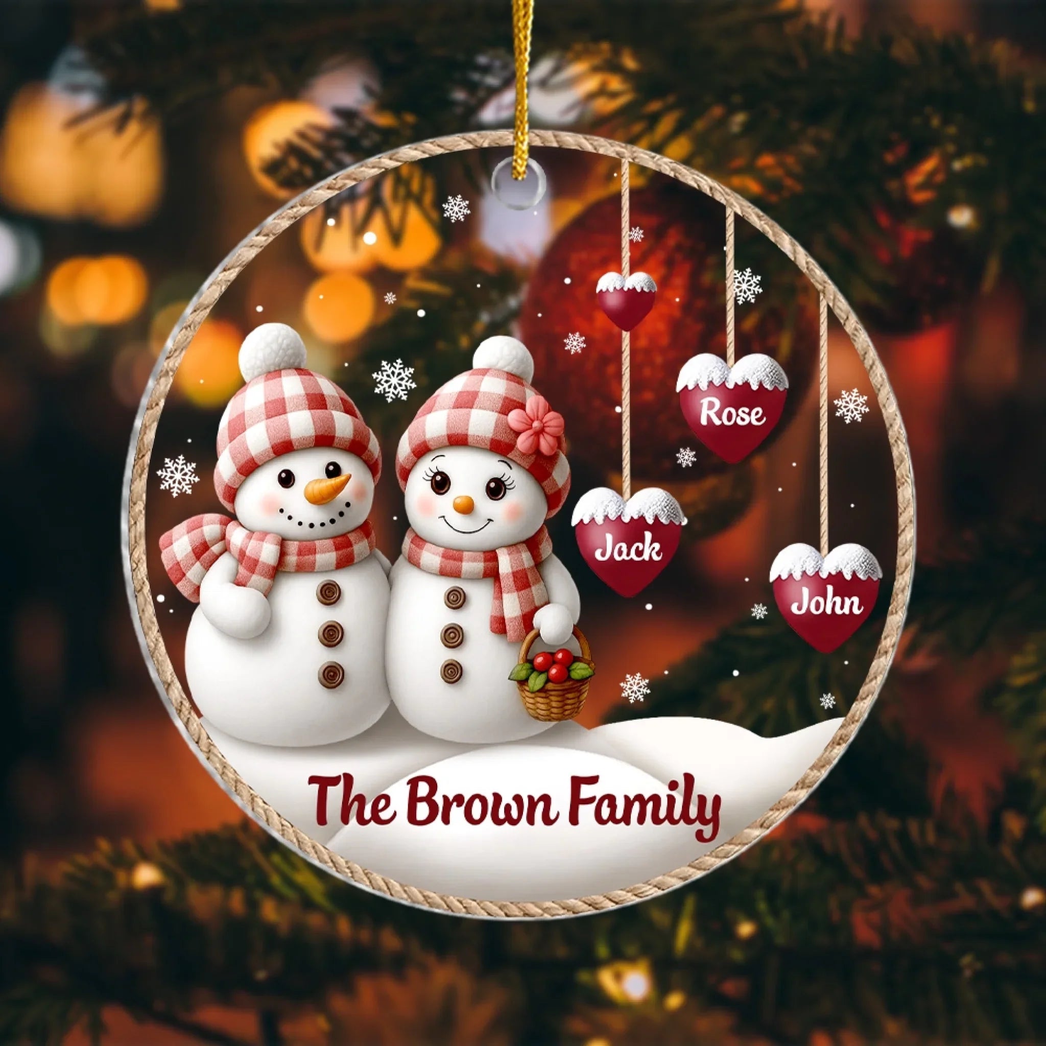 Family Snowman And Their Little Hearts - Personalised Acrylic Ornament, Christmas Gift For Family