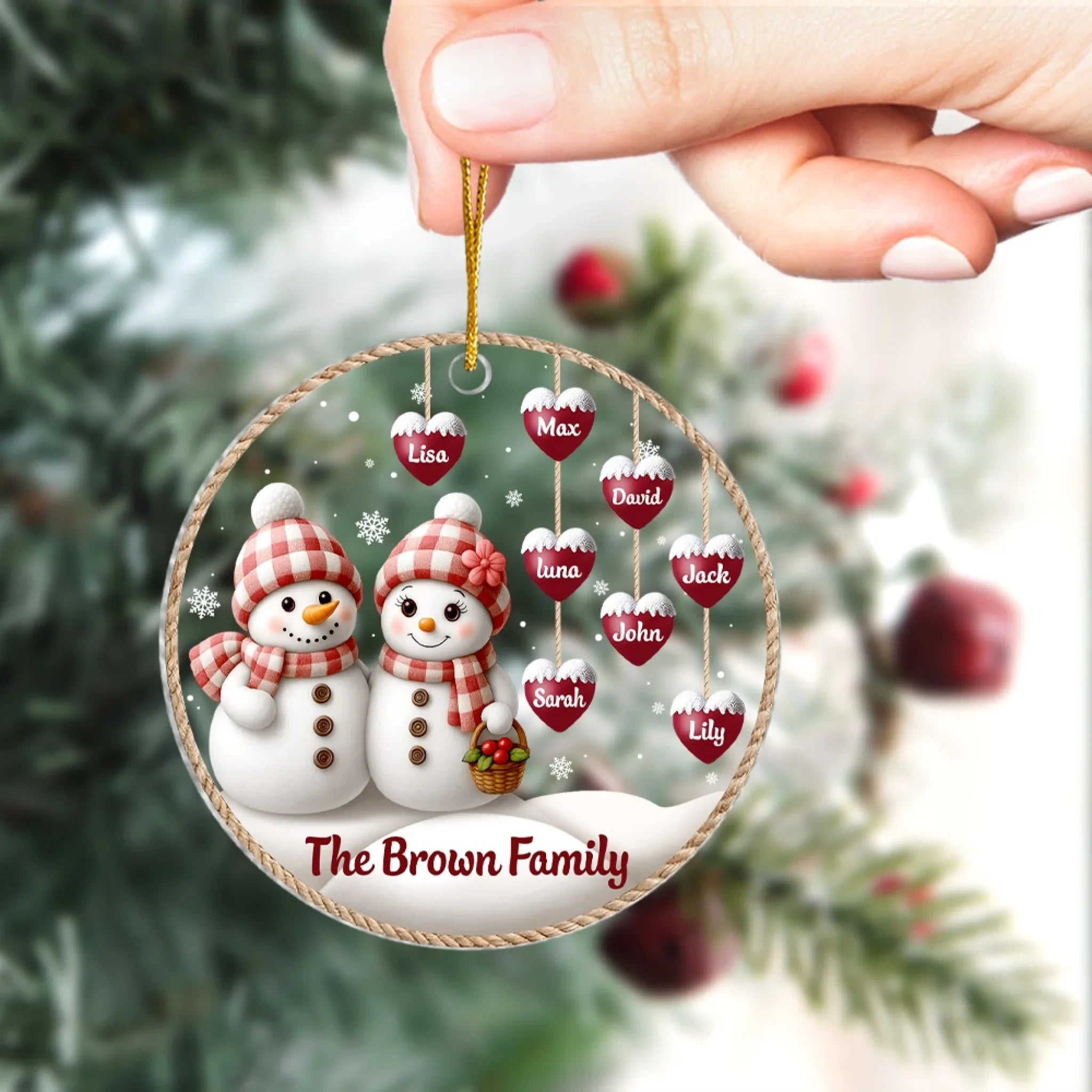 Family Snowman And Their Little Hearts - Personalised Acrylic Ornament, Christmas Gift For Family