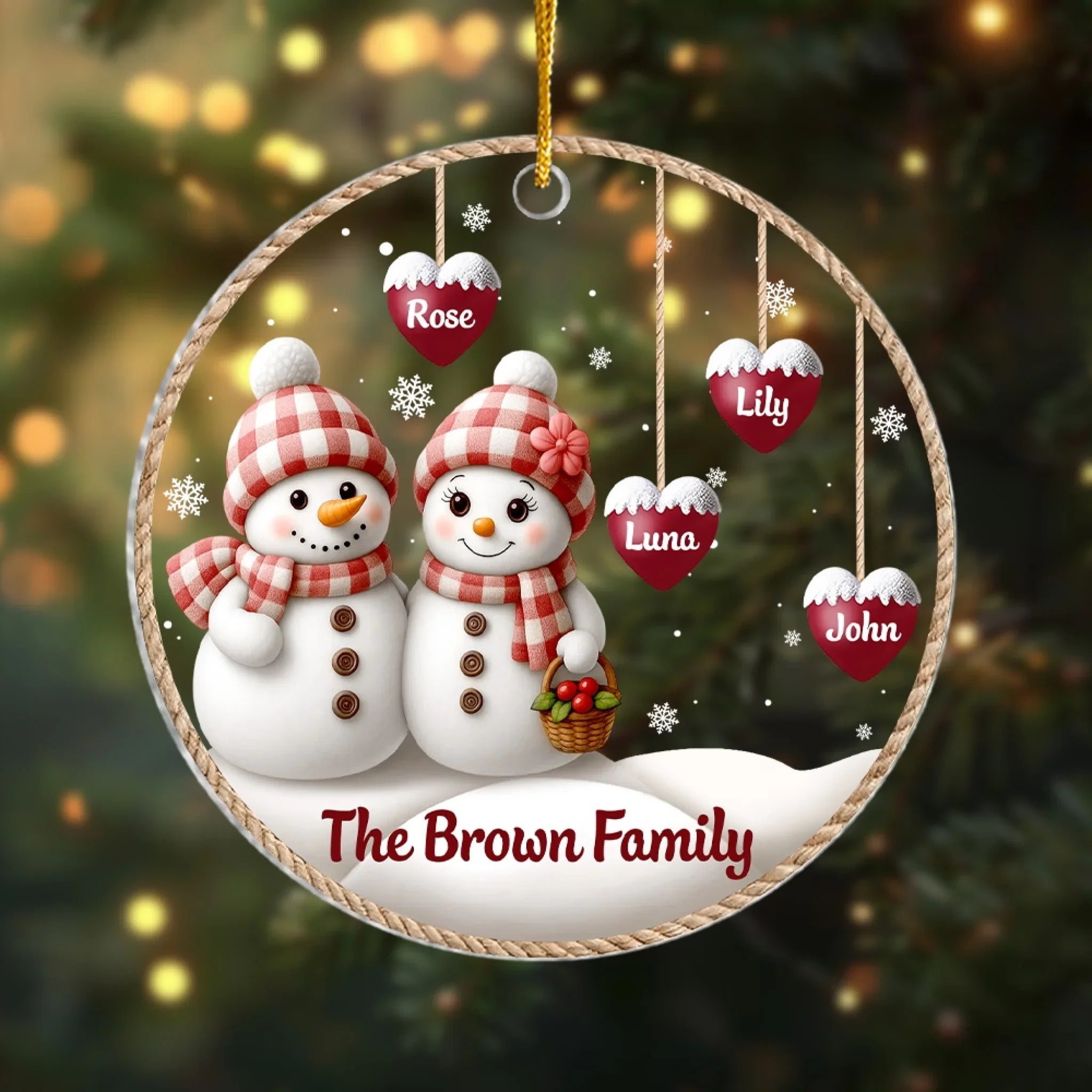 Family Snowman And Their Little Hearts - Personalised Acrylic Ornament, Christmas Gift For Family