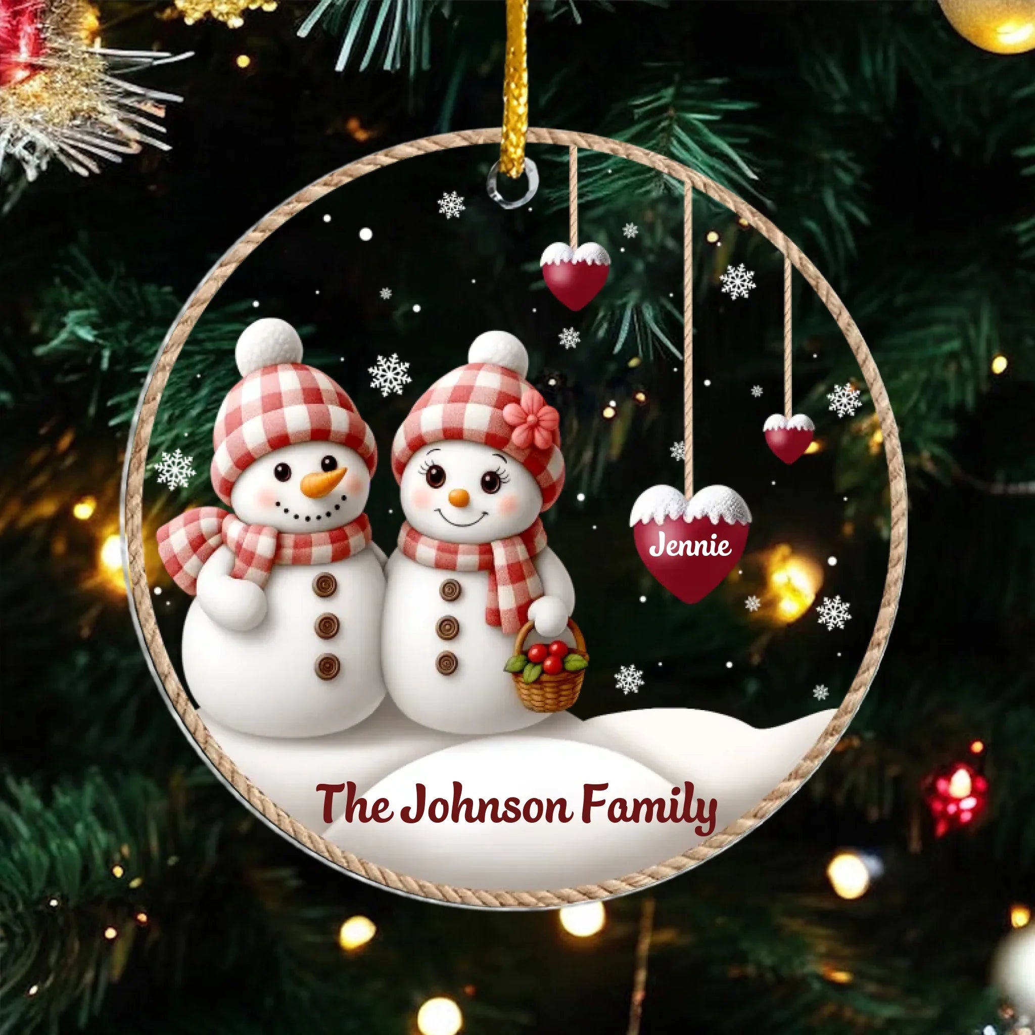 Family Snowman And Their Little Hearts - Personalised Acrylic Ornament, Christmas Gift For Family
