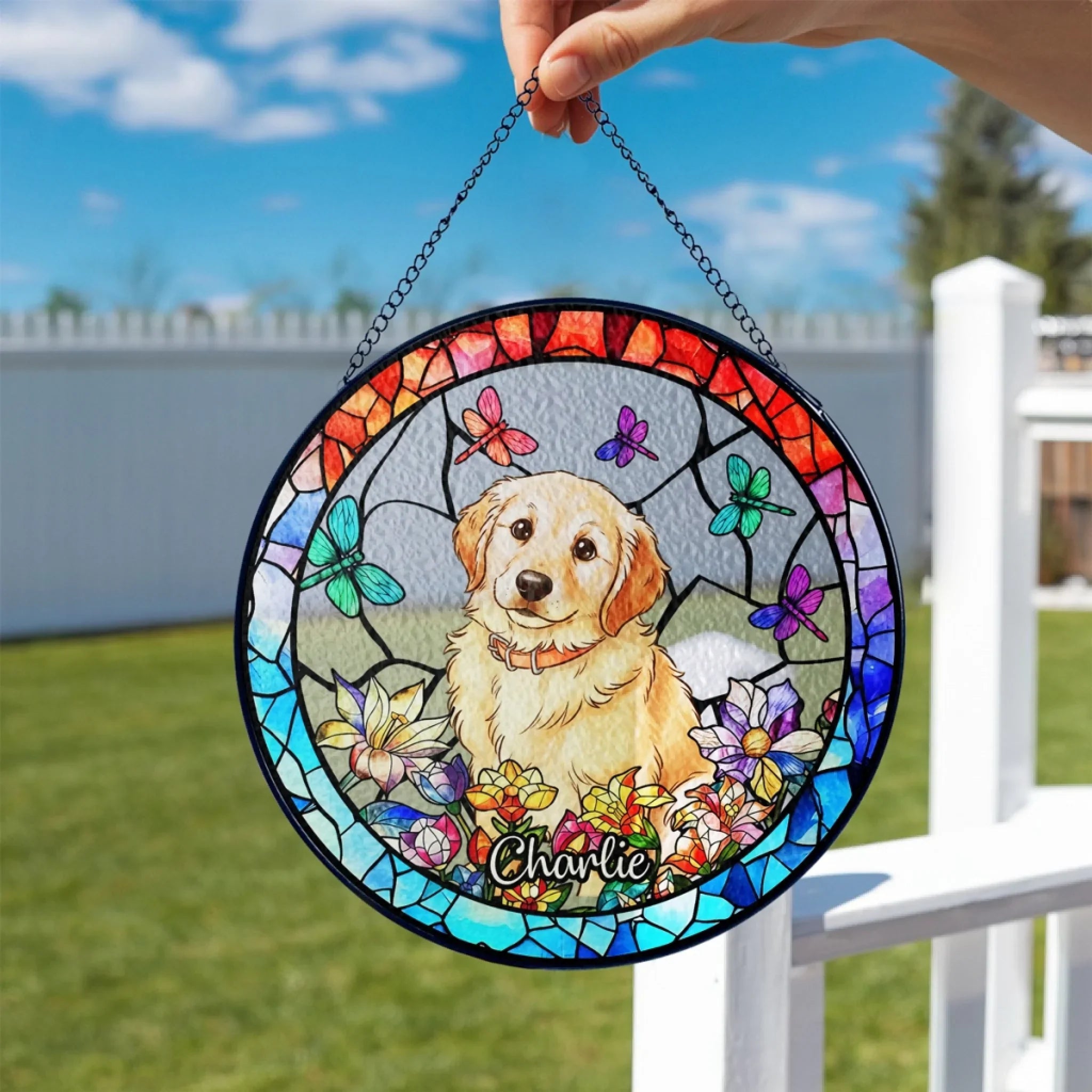 Personalized Dog Portrait Stained Glass Suncatcher, Stained Glass Pet Memorial