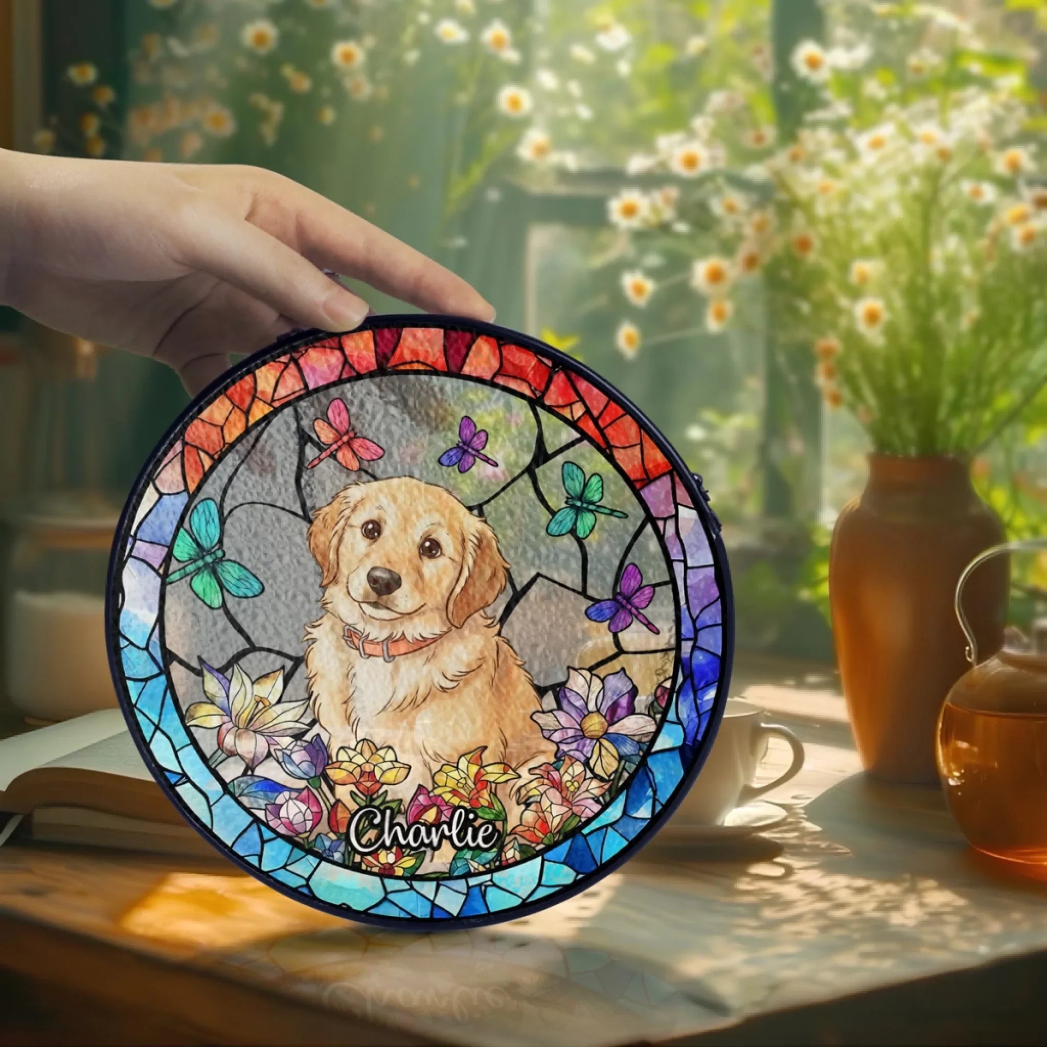 Personalized Dog Portrait Stained Glass Suncatcher, Stained Glass Pet Memorial