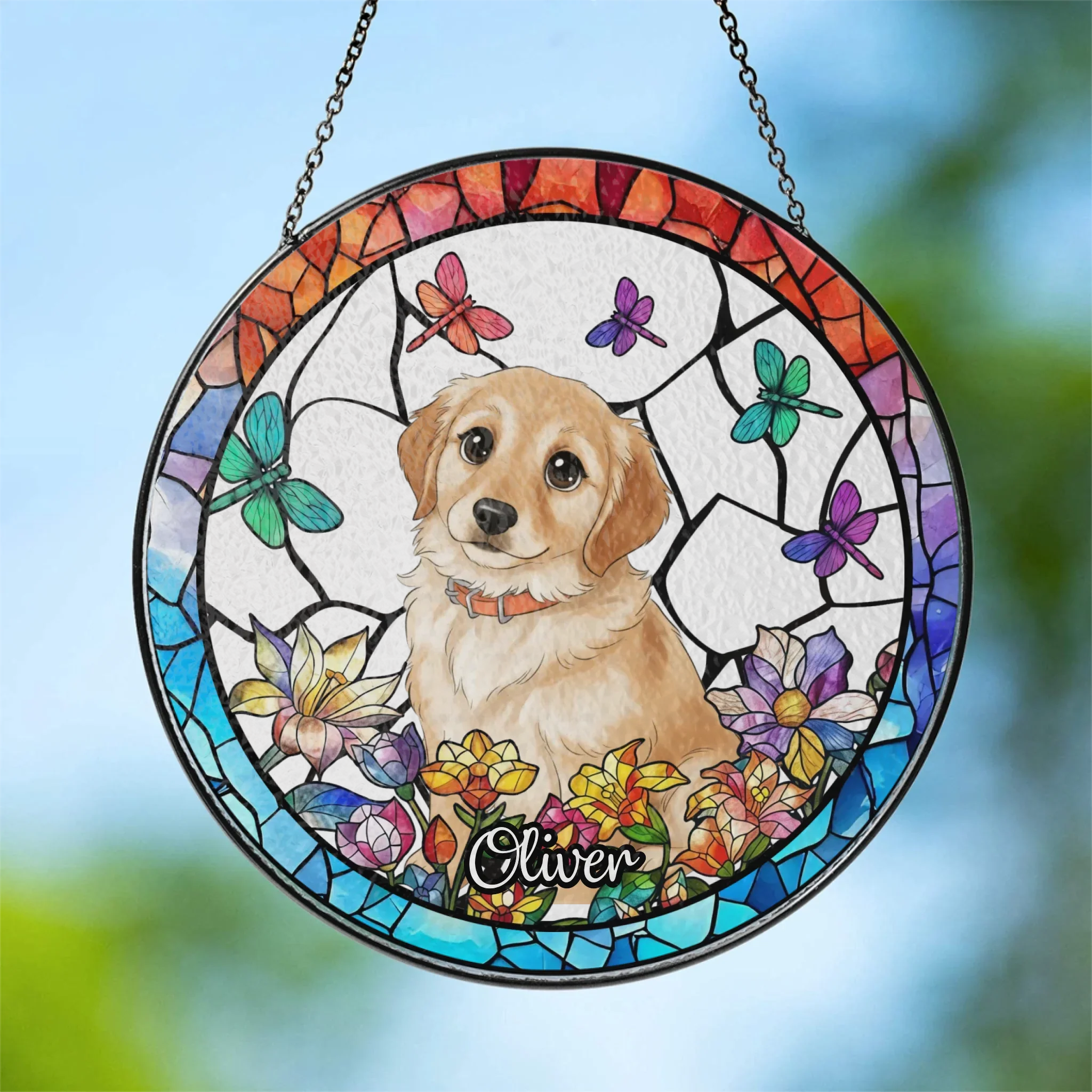 Personalized Dog Portrait Stained Glass Suncatcher, Stained Glass Pet Memorial