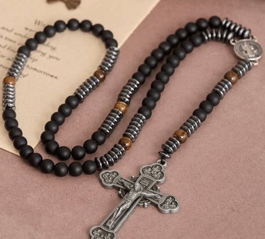 Healing Crystal Yooperlite Fire Stone Rosary Necklace