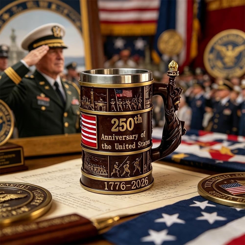 250th Anniversary 3D American Flag Mug, Double Wall Resin & Stainless Steel