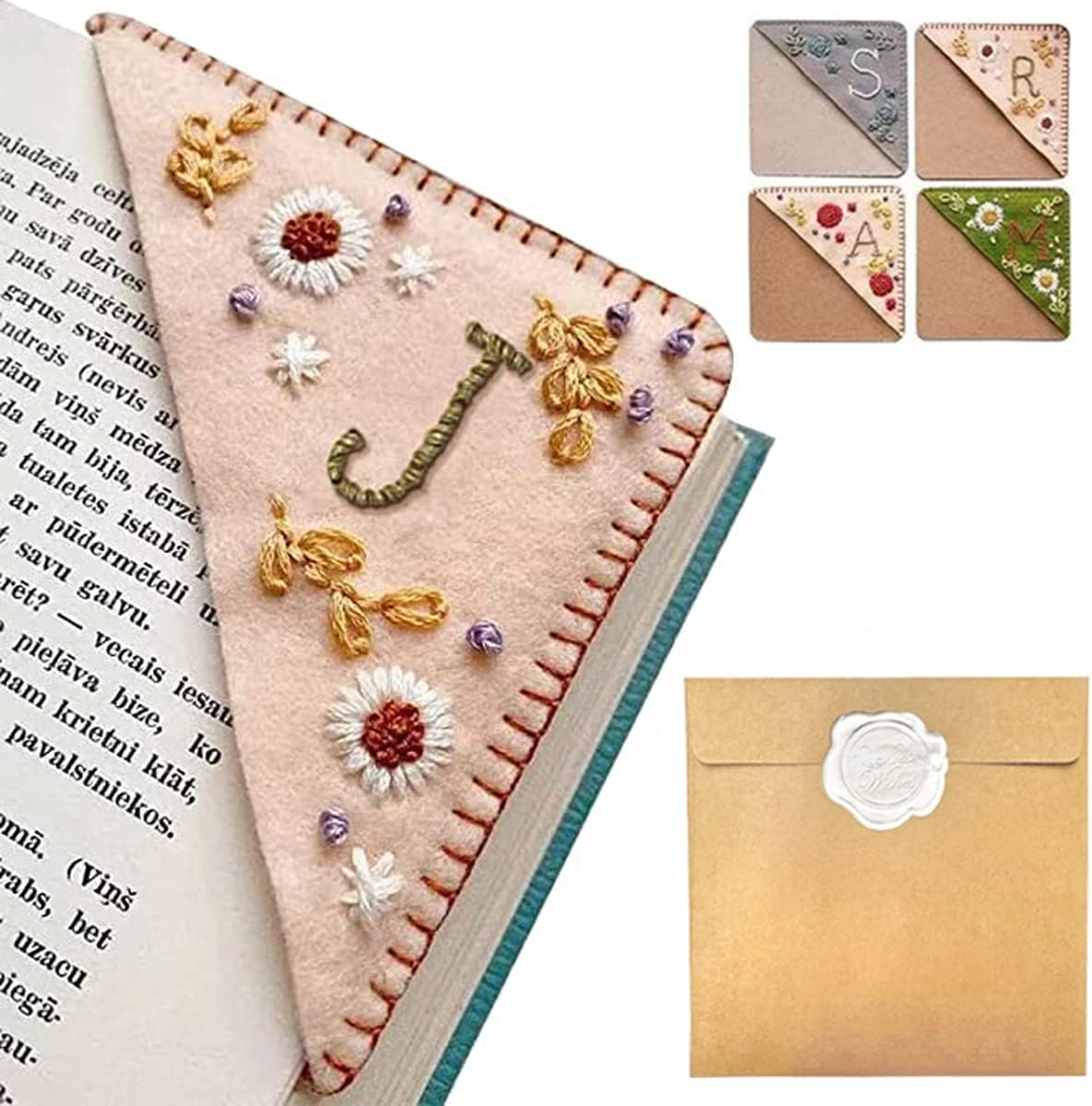 Personalized Hand Embroidered Corner Bookmark – Custom Initial Felt Bookmark for Book Lovers