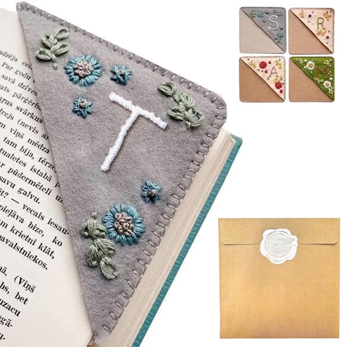 Personalized Hand Embroidered Corner Bookmark – Custom Initial Felt Bookmark for Book Lovers