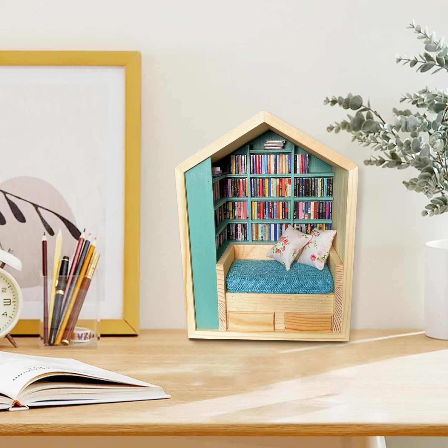 Miniature Anxiety Bookcase – An antique-style bookstore with tiny books