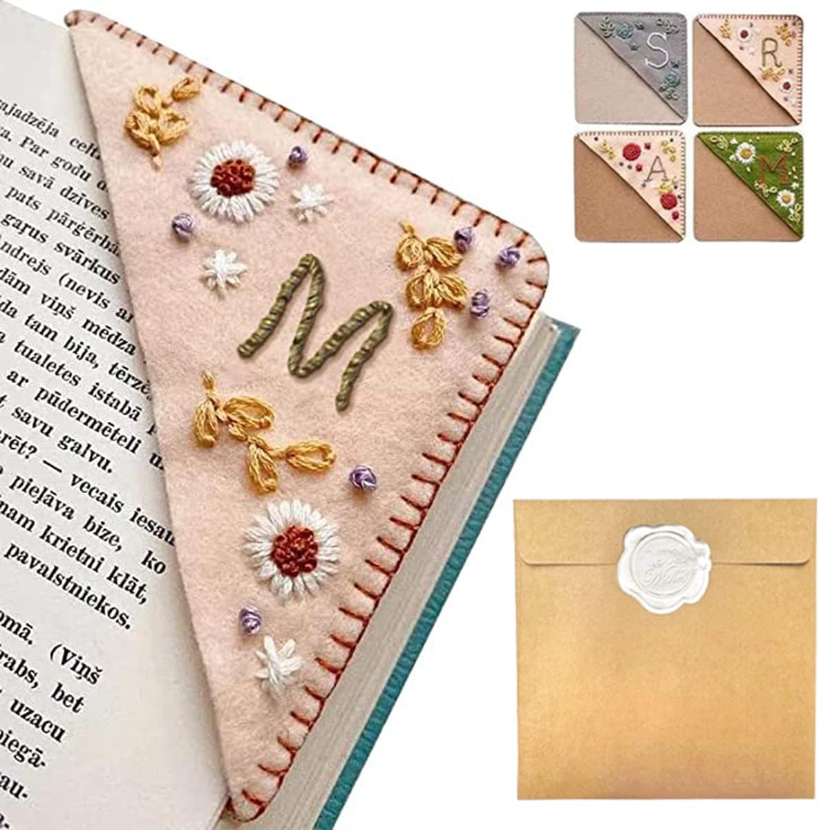 Personalized Hand Embroidered Corner Bookmark – Custom Initial Felt Bookmark for Book Lovers