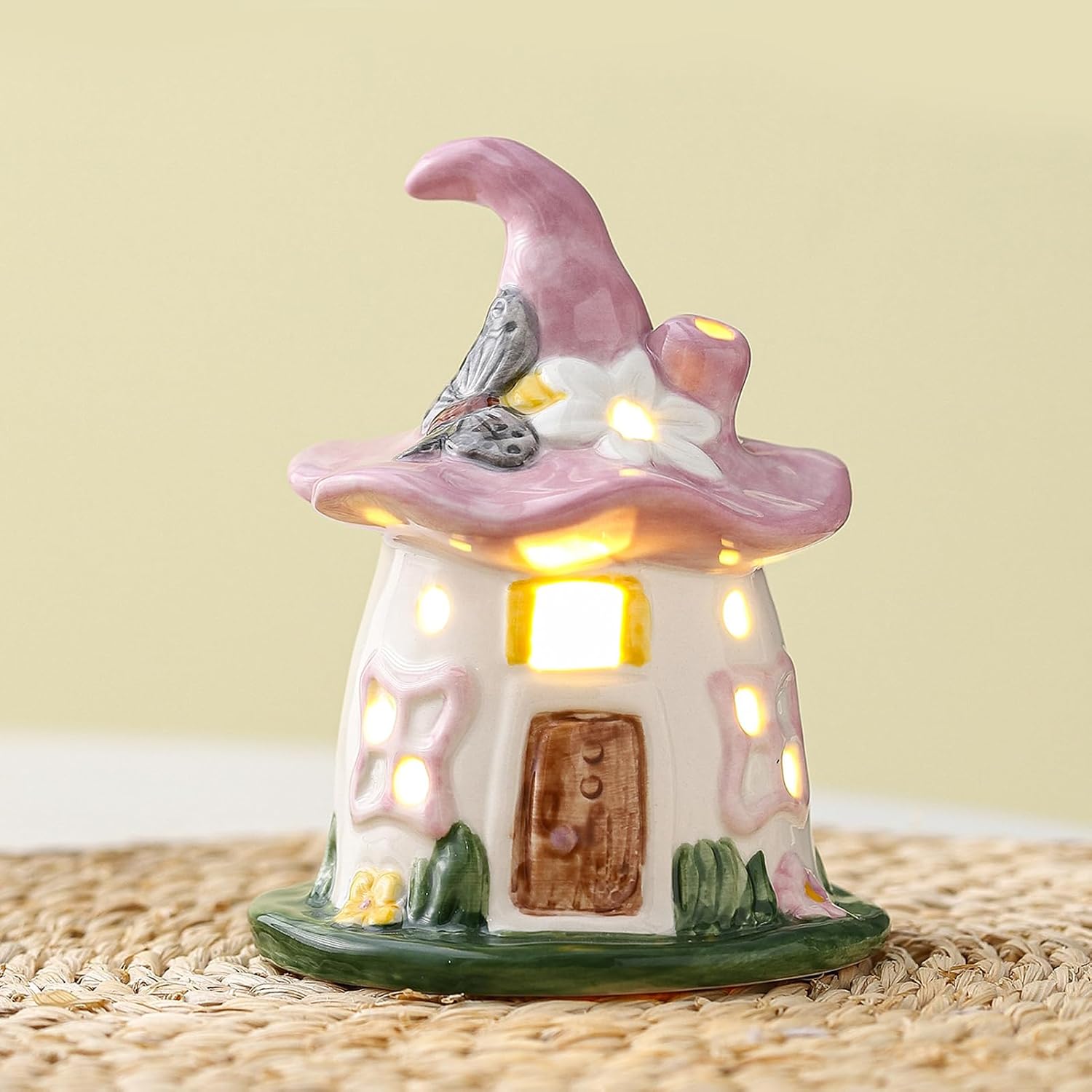Lighted Ceramic Spring Hat House – LED Fairy House Tabletop Decoration
