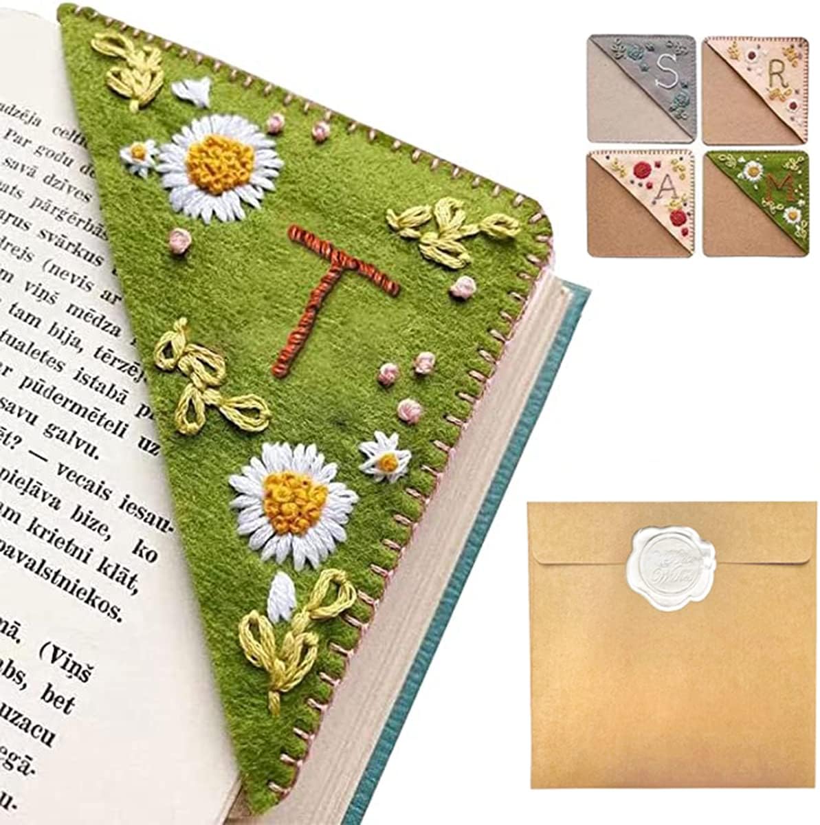 Personalized Hand Embroidered Corner Bookmark – Custom Initial Felt Bookmark for Book Lovers