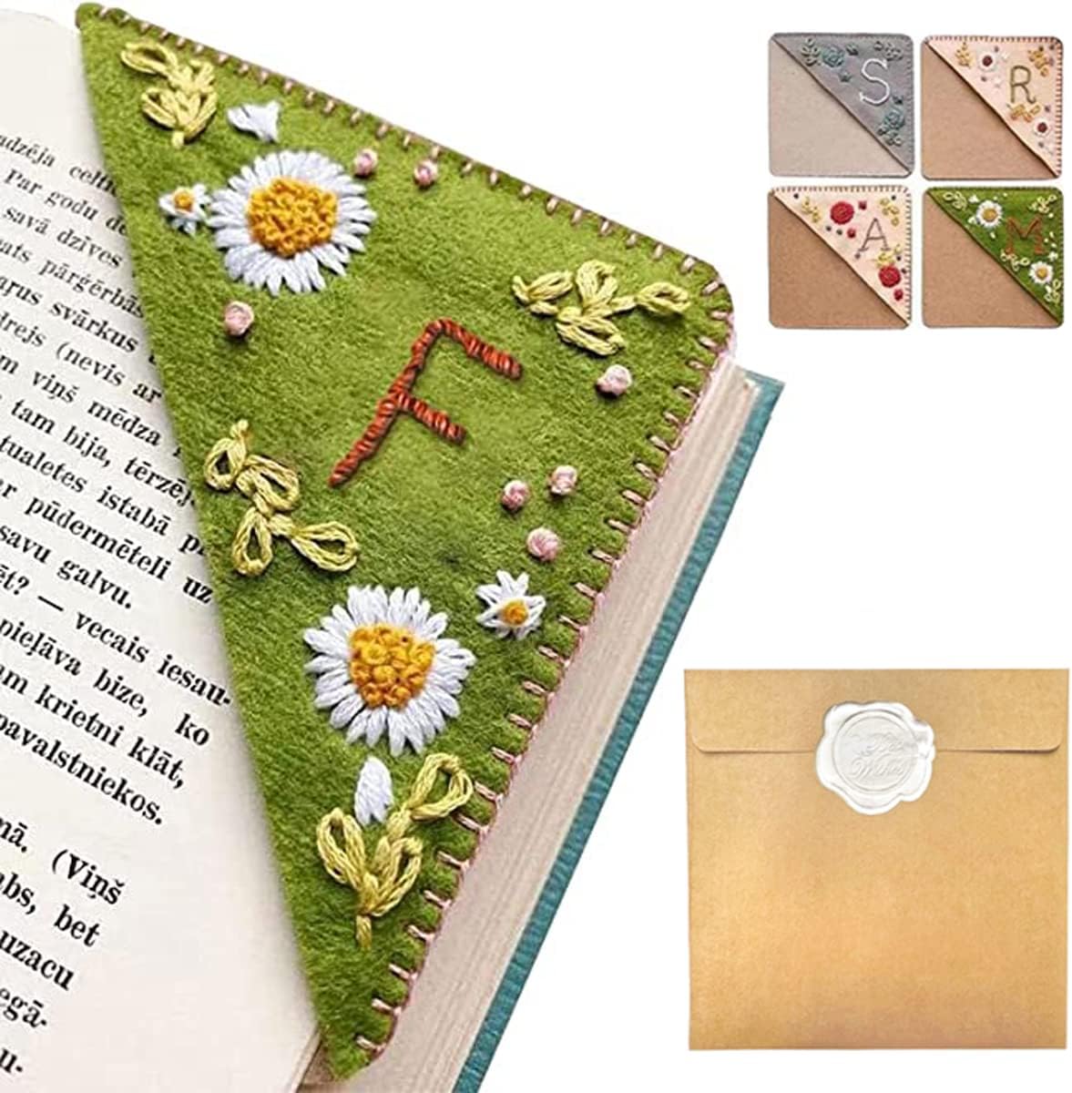 Personalized Hand Embroidered Corner Bookmark – Custom Initial Felt Bookmark for Book Lovers