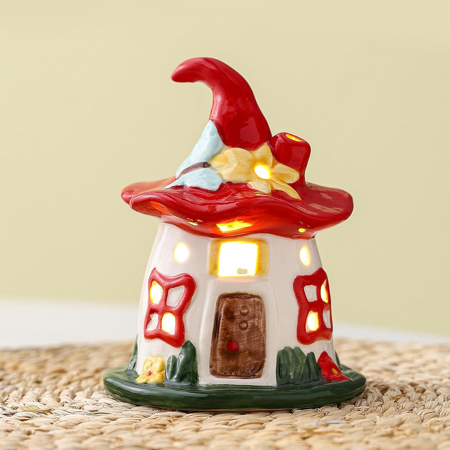 Lighted Ceramic Spring Hat House – LED Fairy House Tabletop Decoration