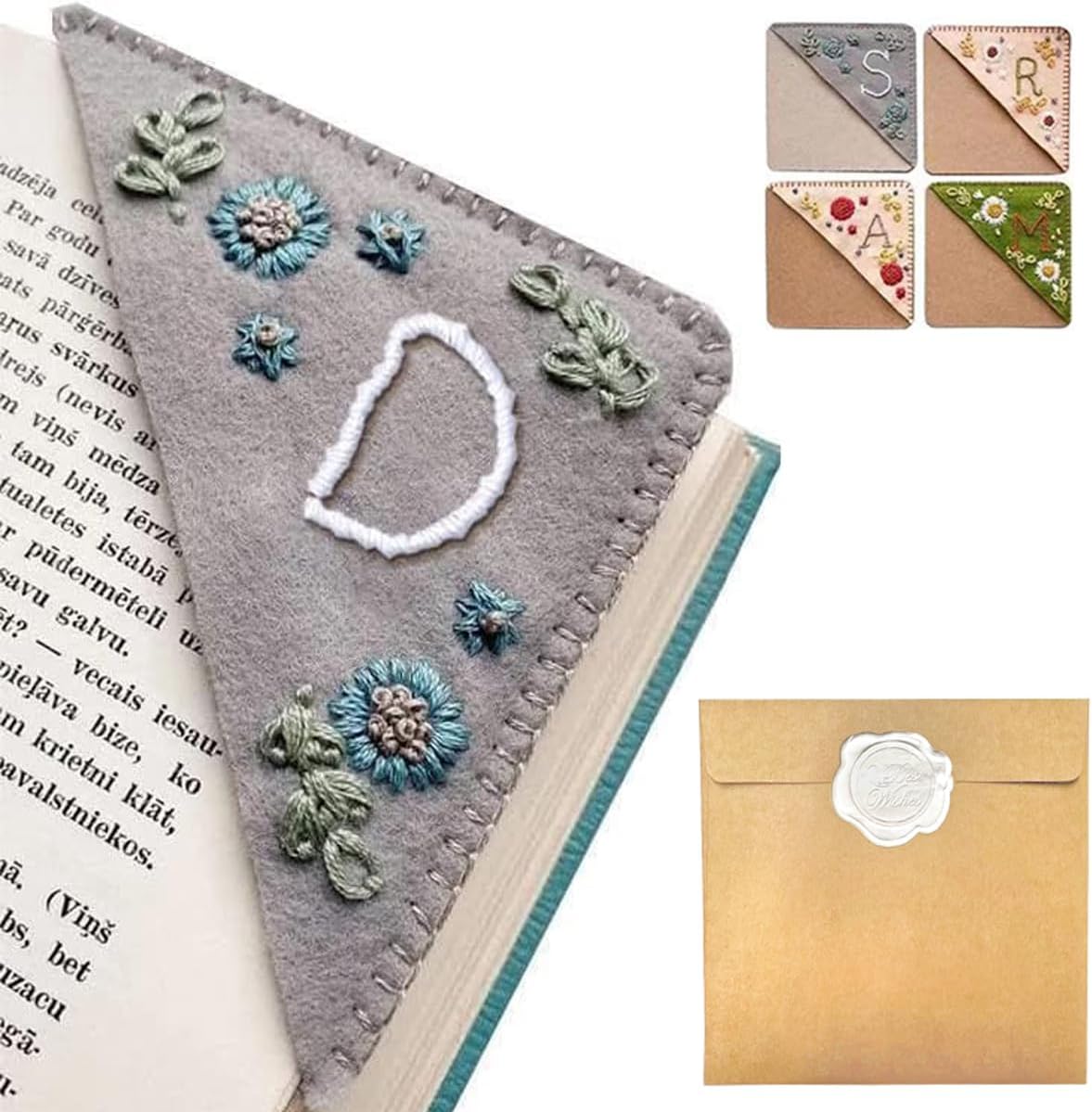 Personalized Hand Embroidered Corner Bookmark – Custom Initial Felt Bookmark for Book Lovers