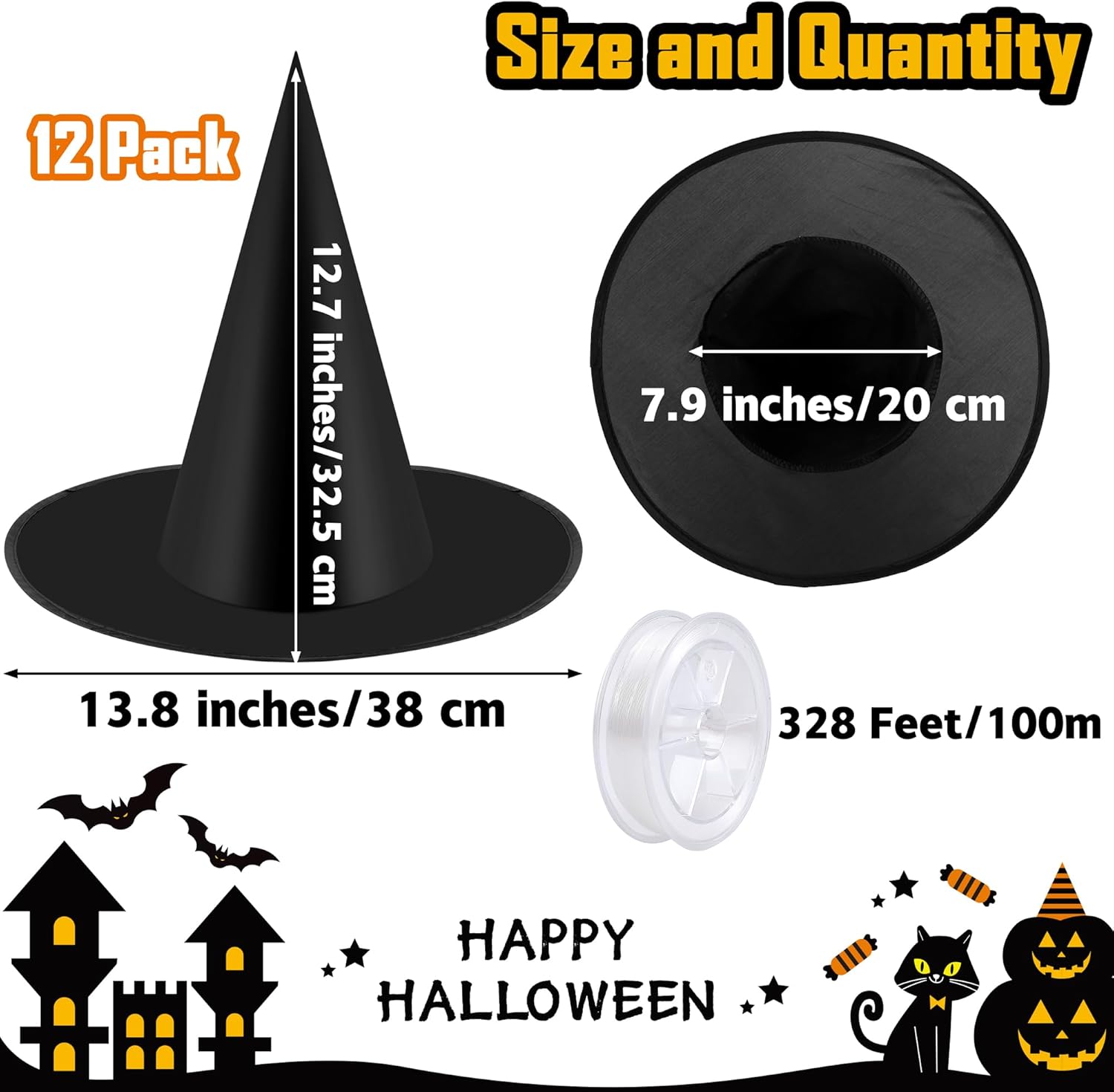 Elcoho 12 Pieces Halloween Costume Witch Hat with 100 Yards Hanging Rope for Halloween Yard Decoration