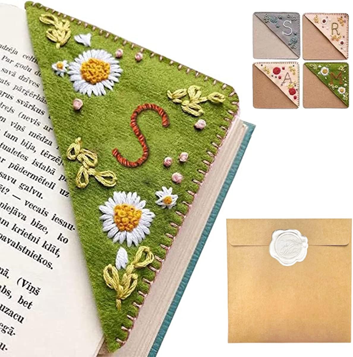 Personalized Hand Embroidered Corner Bookmark – Custom Initial Felt Bookmark for Book Lovers