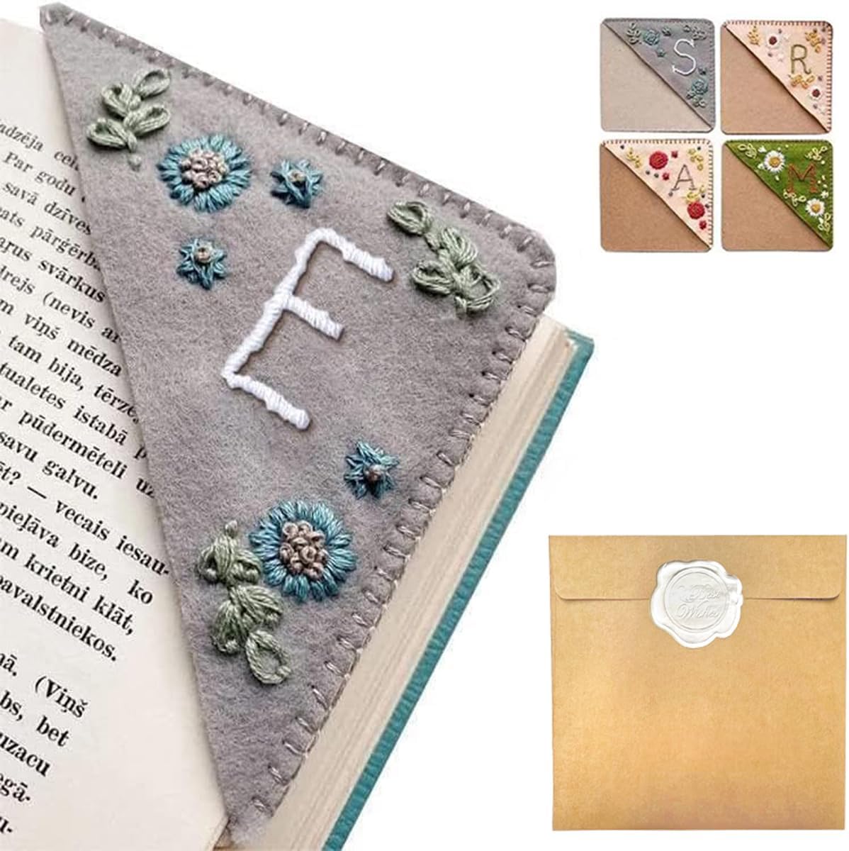 Personalized Hand Embroidered Corner Bookmark – Custom Initial Felt Bookmark for Book Lovers