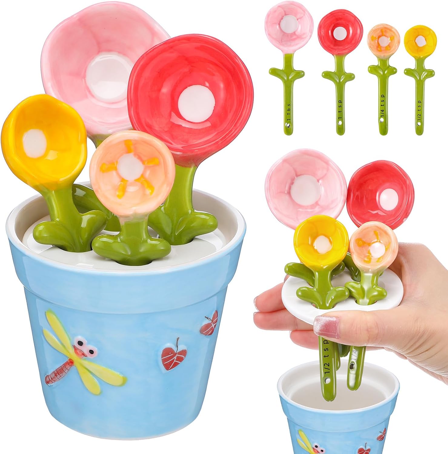 Flower Measuring Spoons in Ceramic Pot – Cute 4-Piece Baking & Cooking Set