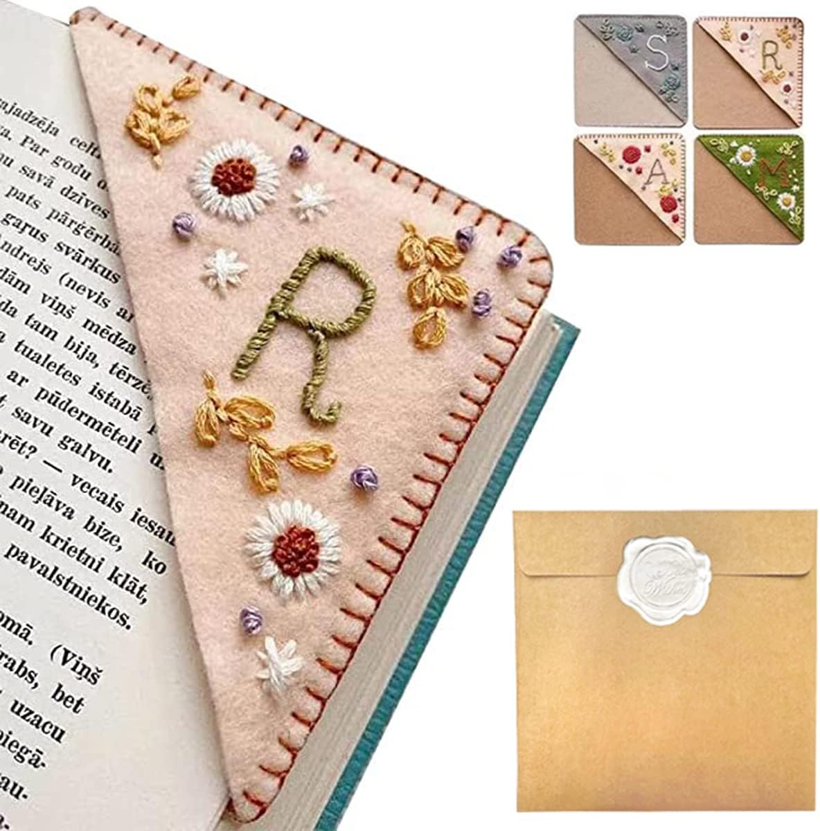 Personalized Hand Embroidered Corner Bookmark – Custom Initial Felt Bookmark for Book Lovers