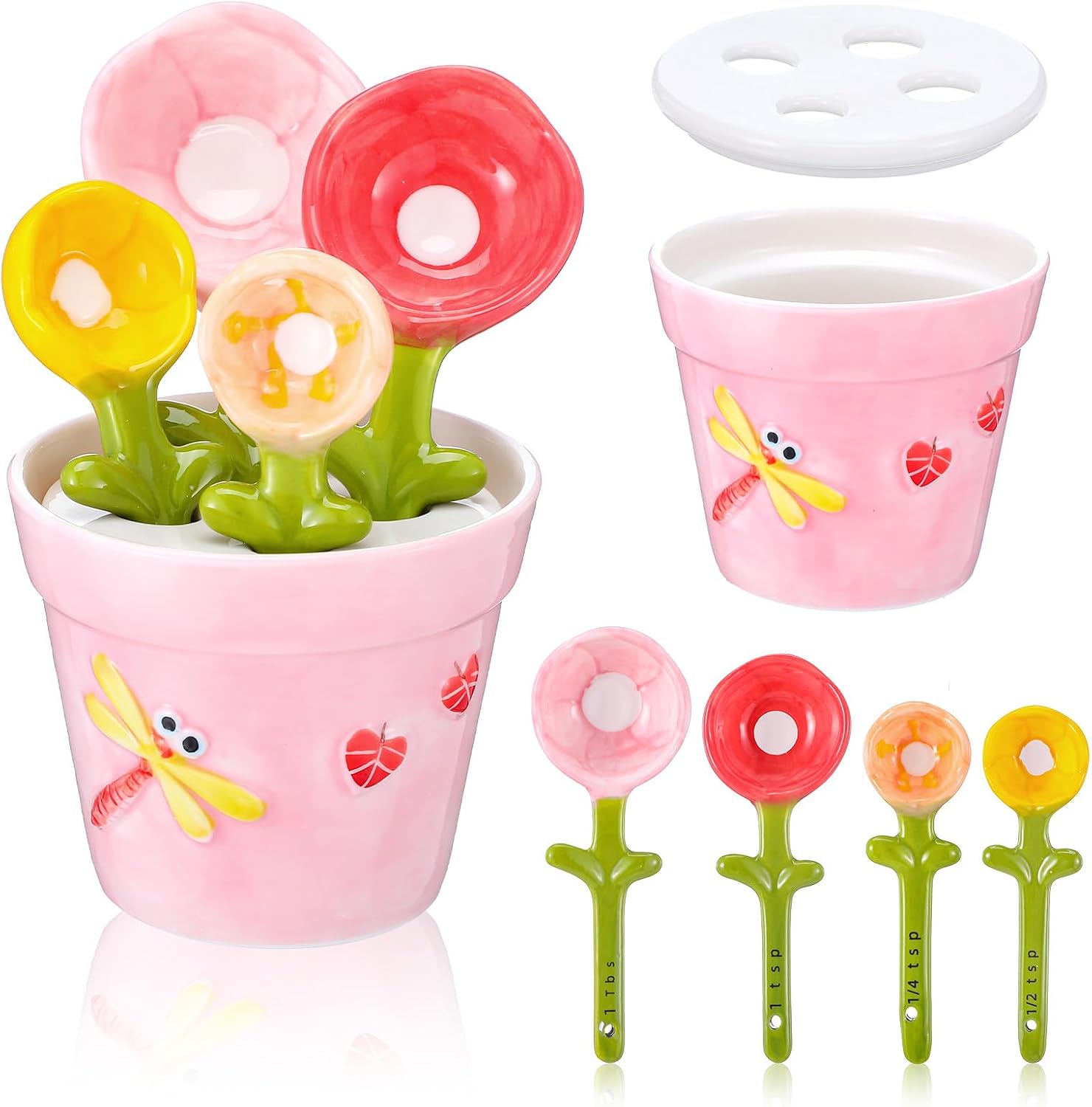Flower Measuring Spoons in Ceramic Pot – Cute 4-Piece Baking & Cooking Set
