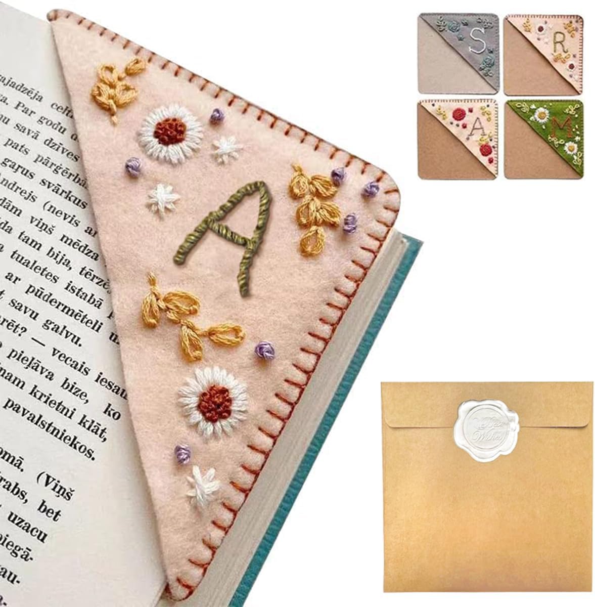Personalized Hand Embroidered Corner Bookmark – Custom Initial Felt Bookmark for Book Lovers