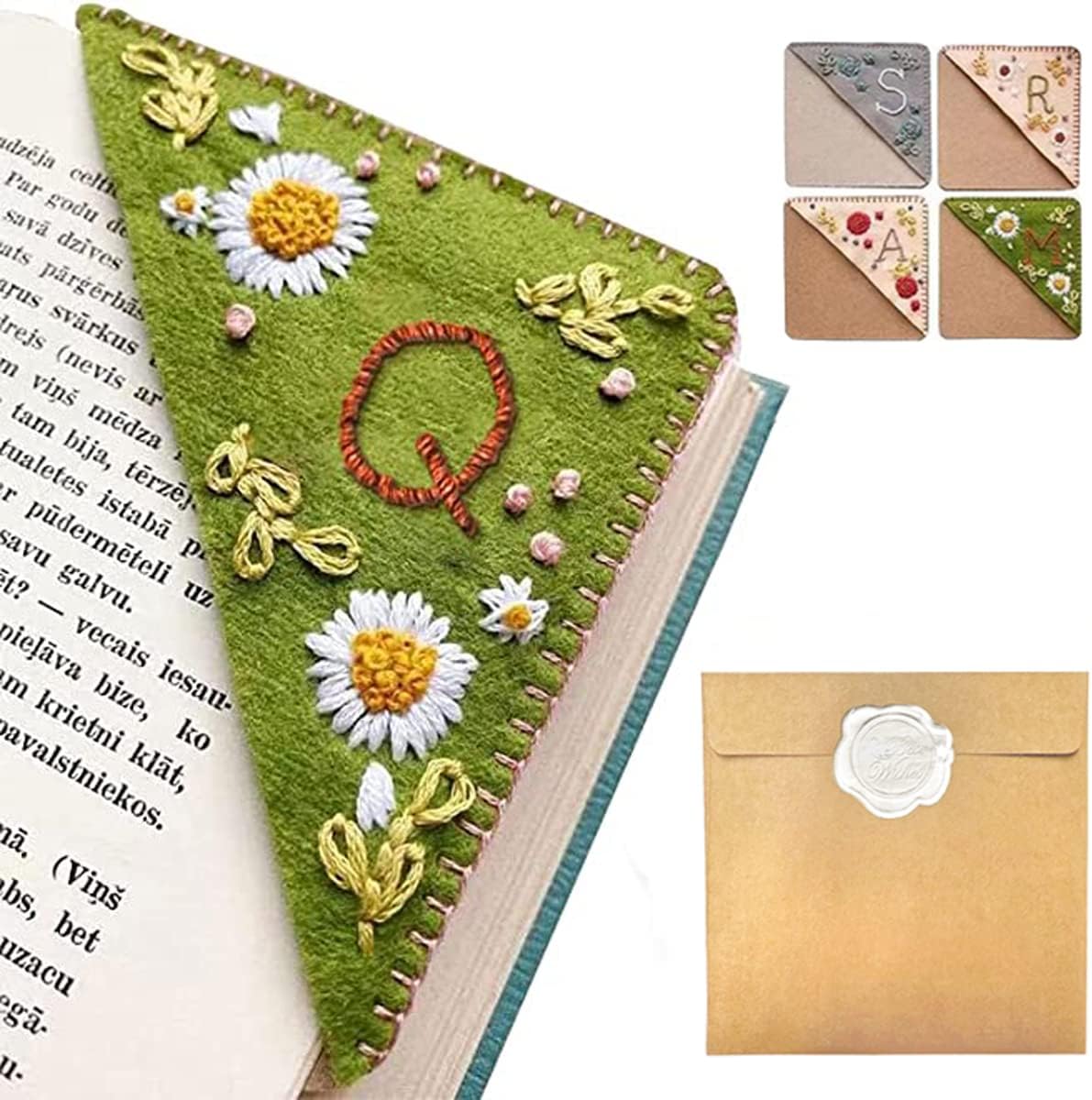 Personalized Hand Embroidered Corner Bookmark – Custom Initial Felt Bookmark for Book Lovers
