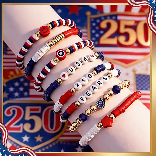 4th of July Red White Blue Clay Beaded Bracelet
