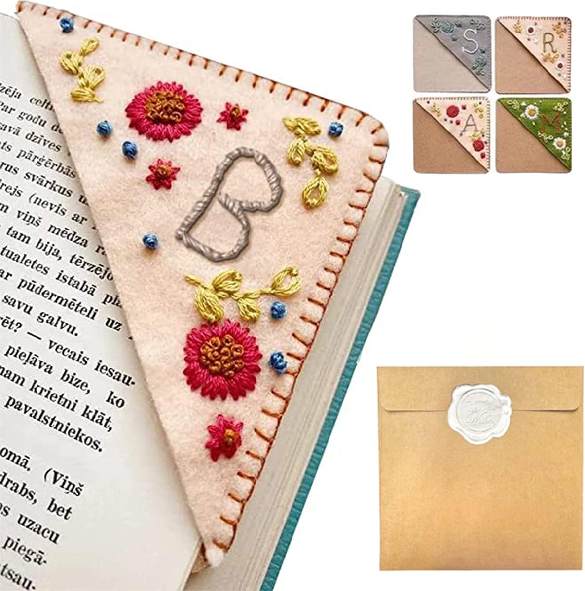 Personalized Hand Embroidered Corner Bookmark – Custom Initial Felt Bookmark for Book Lovers