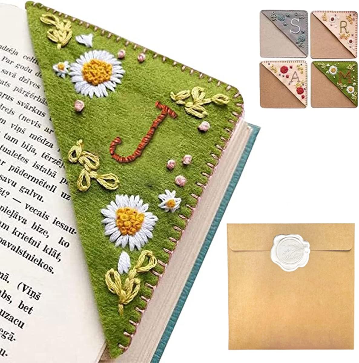 Personalized Hand Embroidered Corner Bookmark – Custom Initial Felt Bookmark for Book Lovers